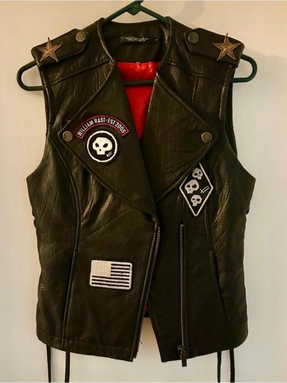 William Rast Black Leather Patch Moto Vest with Red Lining
